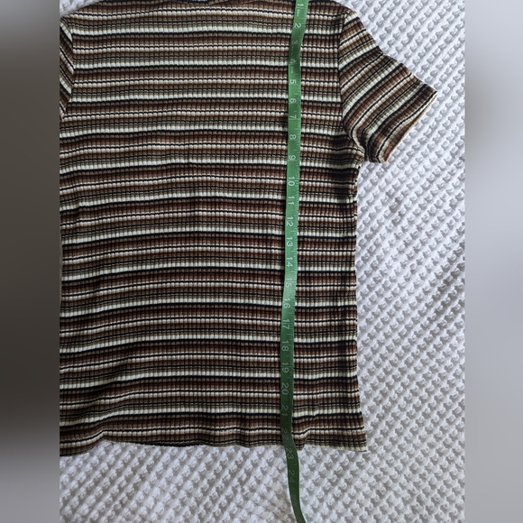 🎩 Basic Editions Mockneck Brown and Green Striped Top - Vintage - Picture 6 of 7